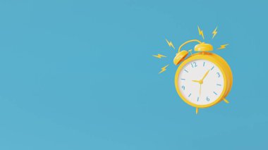 Sarı alarm saati mavi arka planda çalıyor. 3d hazırlayıcı.