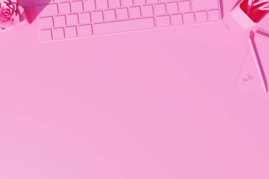 Çalışan bir ofis masasının en üst görüntüsü. Bir pembe renk. 3d hazırlayıcı.