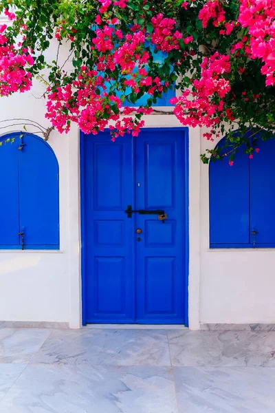 Old blue door and pink flowers, traditional Greek architecture, Santorini island, Greece. Royalty Free Stock Images