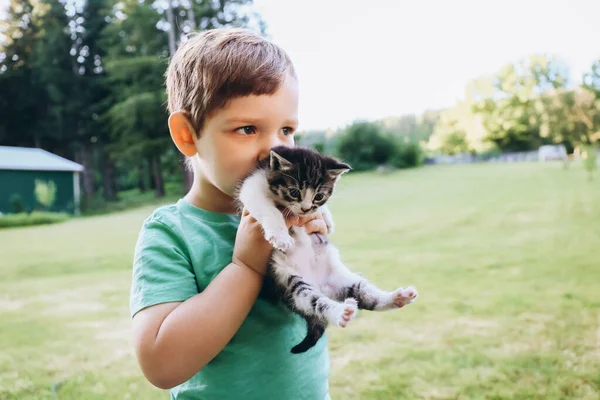 快乐的孩子 在他的大自然中抱着一只小猫 — 图库照片