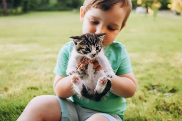 Klein Kind Met Een Katje Zijn Handen Natuur — Stockfoto