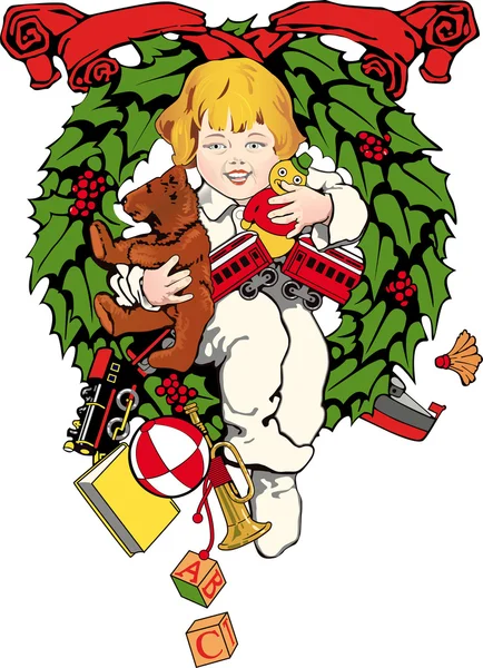 Niño con regalos de Navidad — Vector de stock