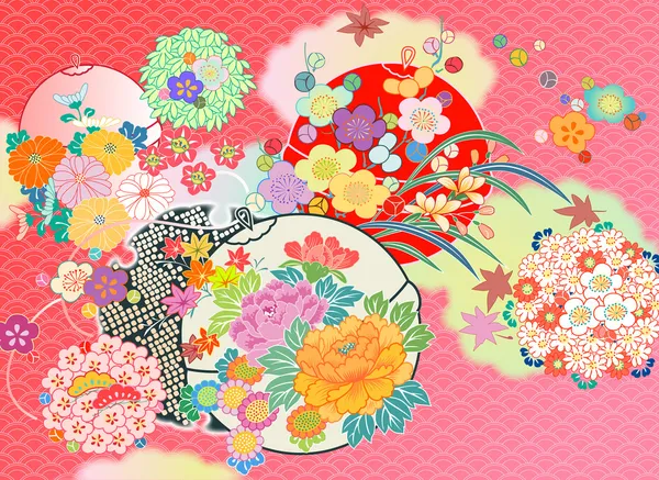 Montagem floral de vintage japonês kimono designs — Vetor de Stock