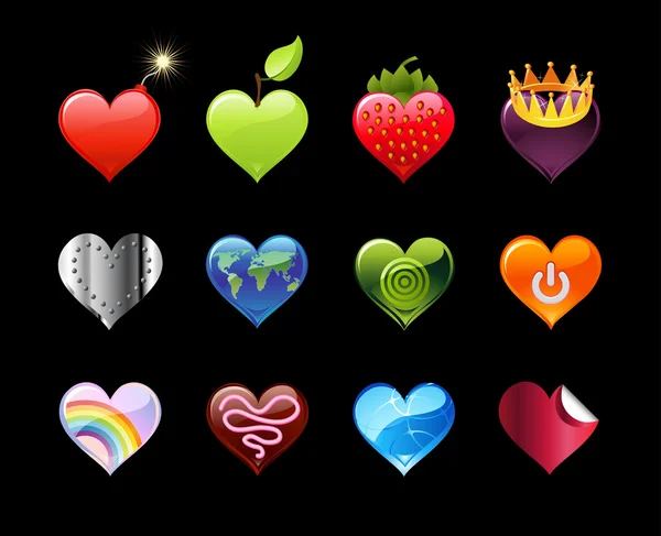 Doce iconos brillantes del corazón — Vector de stock