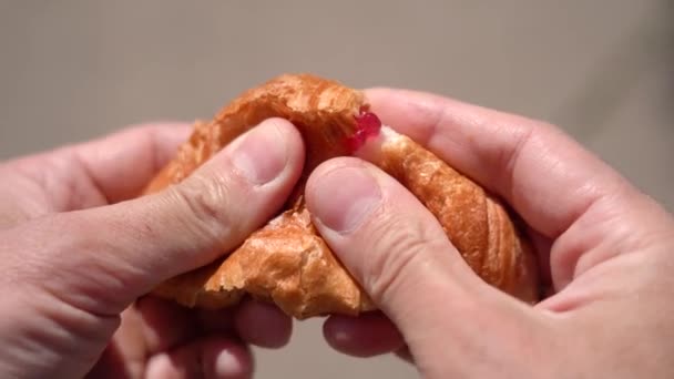 Mens hands tear apart fresh soft croissant with red filling — Video Stock