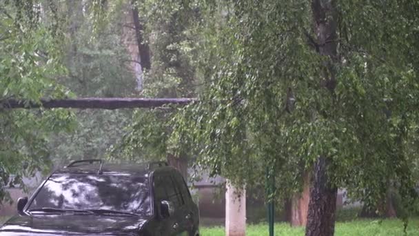 Büyük siyah araba yağmurda dışarıda duruyor, damlalar çatıya ve cama çarpıyor. — Stok video