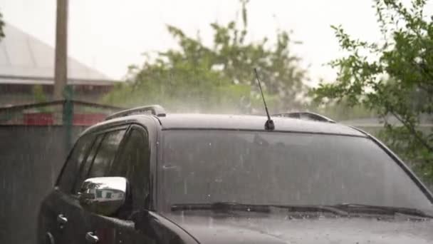 Hagel Bei Starkregen Fällt Auf Dach Und Windschutzscheibe Von Schwarzem — Stockvideo