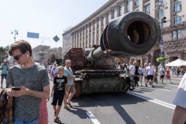 Kiev, Ukraine August 21, 2022: Burned tank on Khreshchatyk Street, Ukraines Independence Day
