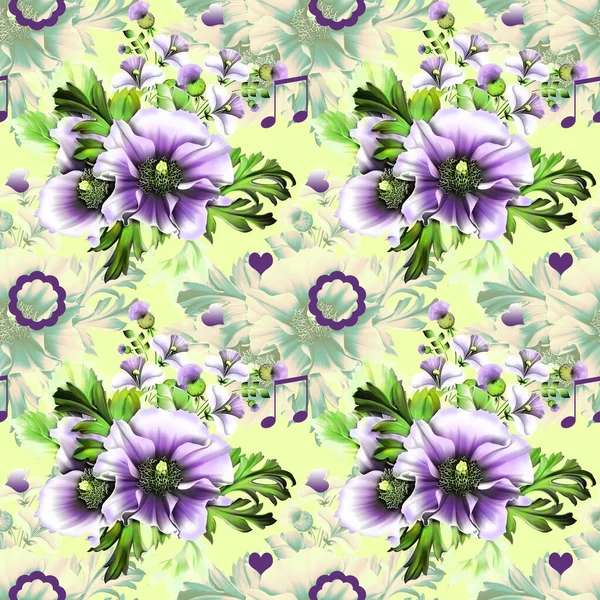 Dekoracyjne Tło Wizerunkiem Bukietów Kwiatów Ogrodowych Ilustracja Drukowania Papierze Tkaninie — Zdjęcie stockowe