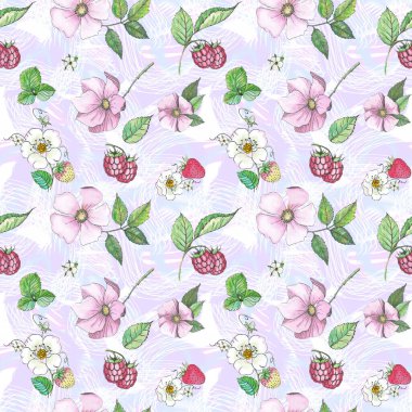 Çiçekler, güllük gülistanlık yapraklar, çilekler ve ahududulu dekoratif arka plan. Kağıt ya da kumaş üzerine baskı malzemesi. Suluboya.
