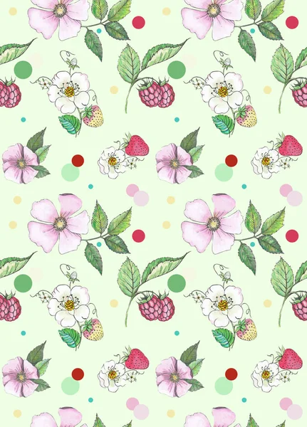 장미꽃 딸기와 라즈베리로 장식적 종이나 직물에 — 스톡 사진