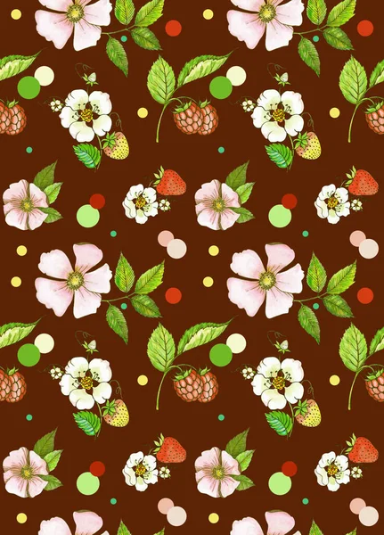 Fundo Decorativo Com Flores Folhas Rosa Mosqueta Morangos Framboesas Material — Fotografia de Stock