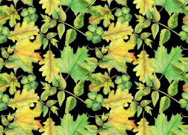 Sonbahar kompozisyonu. Dekoratif arka plan, renkli yapraklar kaotik bir dansa saçılmış. Kağıt ya da kumaş üzerine yazdırmak için malzeme.