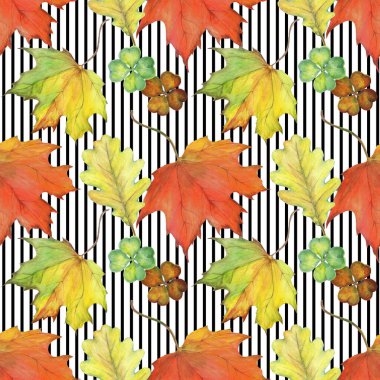 Sonbahar kompozisyonu. Dekoratif arka plan, renkli yapraklar kaotik bir dansa saçılmış. Kağıt ya da kumaş üzerine yazdırmak için malzeme.