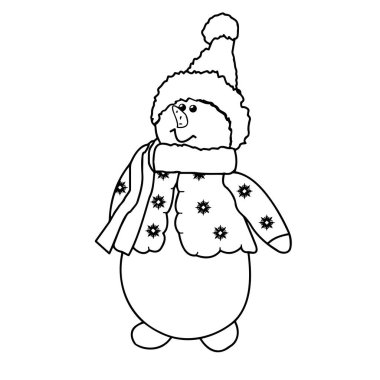 Beyaz bir arkaplanda kardan adam resmi. Contour çizimi, vektör grafikleri. Boyama için çocuklar için illüstrasyon.