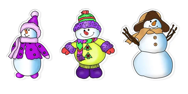 Rendering Creative Composition Set Christmas Themed Stickers Snowmen Close White — Stock Photo, Image