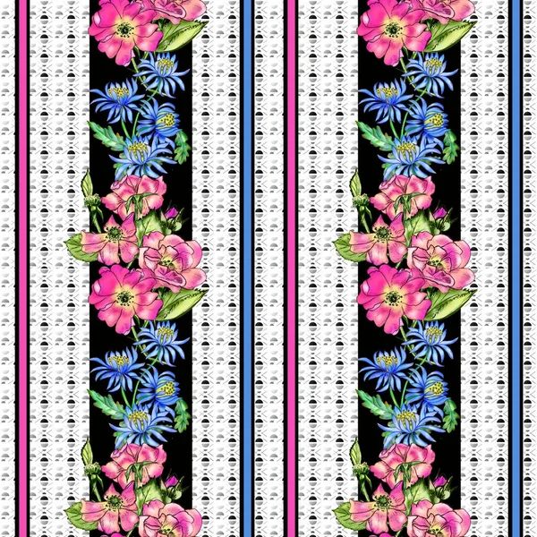 Ein Blumenband Auf Einem Hintergrund Aus Bunten Streifen Und Geometrischen — Stockfoto