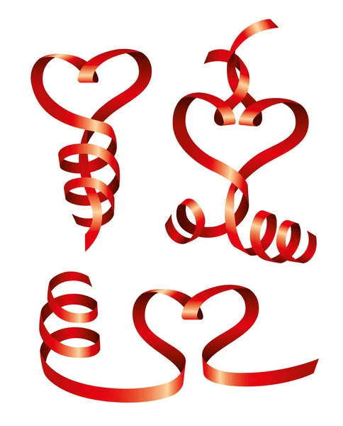 Vector satin hearts of red ribbons — Stock Vector