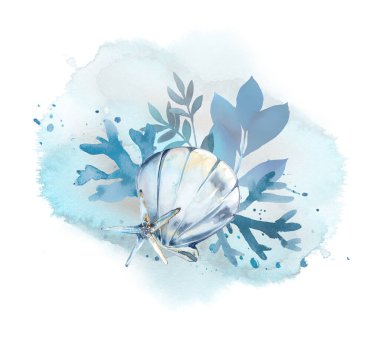 Suluboya el, deniz kabukları ve yosun çizimi. Deniz tasarımının altında. Güzel ocen temalı arkaplan.