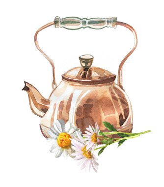 Papatya çiçeği resimli klasik çaydanlık. Retro çaydanlık tasarımı. Sıcak içecek ortamı beyaz arka planda izole edildi. 