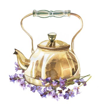 Lavanta çiçeği resimli klasik çaydanlık. Retro çaydanlık tasarımı. Sıcak içecek ortamı beyaz arka planda izole edildi. 