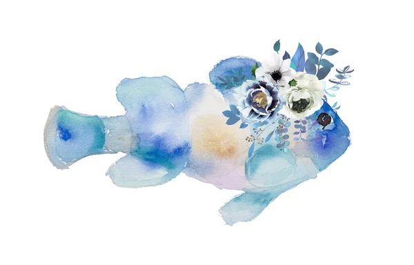 Watercolor hand painted fish with flowers and leaves illustration isolated on white. Hand drawn ocean animal design. Beautiful sea concept clipart for card,print,poster,branding.