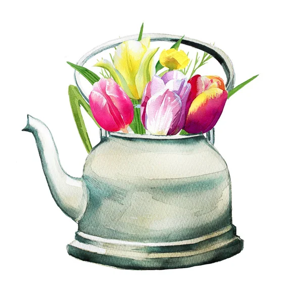 Bule Rústico Com Flores Tulipa Ilustração Aquarela Olá Primavera Ilustração — Fotografia de Stock