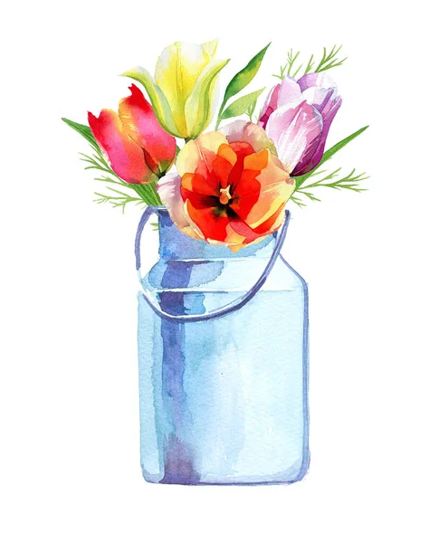 Rústico Lata Metálica Com Flores Tulipa Ilustração Aquarela Olá Primavera — Fotografia de Stock