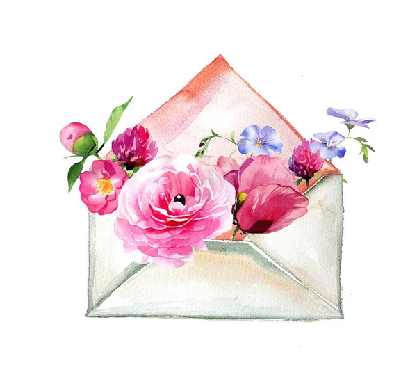 Envelope Vintage Rústico Com Flores Ilustração Aquarela Olá Primavera Ilustração — Fotografia de Stock