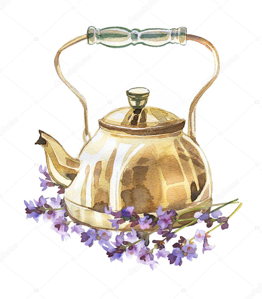 Vintage kettle with lavender flowers illustration. Retro teapot design. Hot drink clipart isolated on a white background.