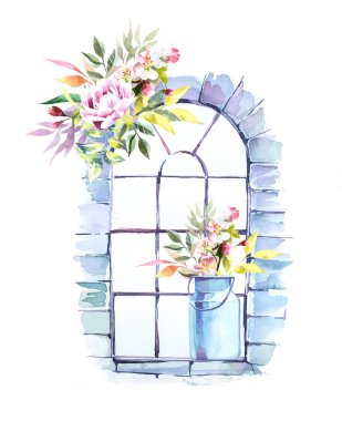 Çiçek desenli klasik bir pencere. Pankart, poster, baskı, kart, arka plan için suluboya bahar illüstrasyonu. Provence Cottage temalı kart. Kır evi grafikleri.