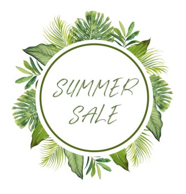 Tropik yaprak çerçevesi. Suluboya ada yeşillik tasarımı beyaz, premade düğün ya da doğum günü cenneti temalı arka planda izole.