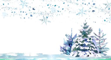 Güzel Noel ağaçları çizimi. Suluboya el boyası kış tatili baskısı. Yeni yıl tebrik kartı. Kış orman afişi ve fotokopi alanı..