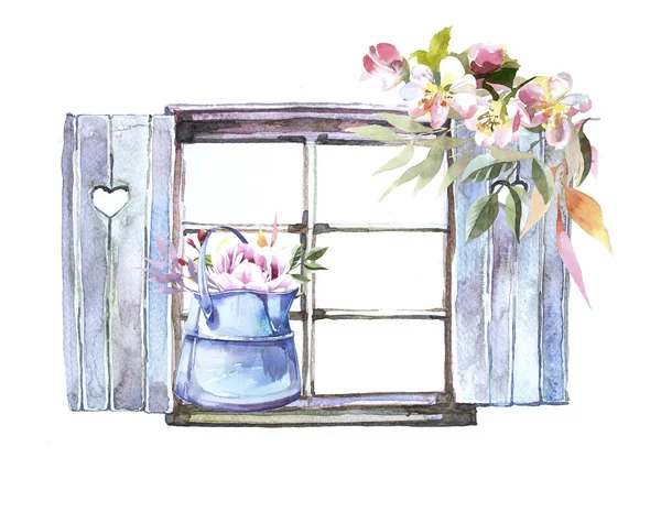 Janela Vintage Com Design Flores Watercolor Primavera Ilustração Para Banner — Fotografia de Stock