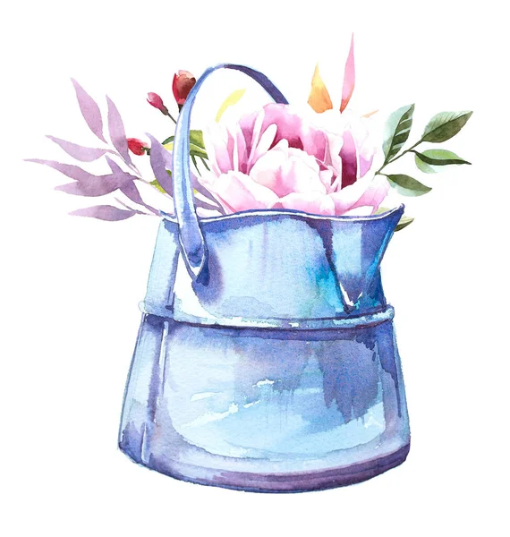 Watercolor Hand Painted Vintage Peony Flowers Watering Can Illustration Beautiful — Stock Photo, Image