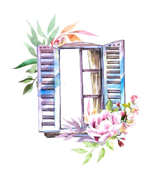 Janela Vintage Com Design Flores Watercolor Primavera Ilustração Para Banner — Fotografia de Stock