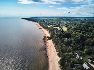 Kum ve yeşil ormandan oluşan deniz manzarası. Mavi gökyüzü.