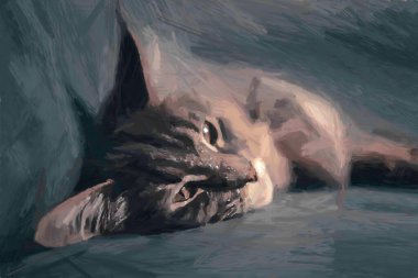 Küçük gri kedi yavrusu çekicinin yastıklarının arasında saklanırken uykuya daldı. Gouache çizimi