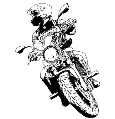 Motosikletli bir motorcu yolda hızla gidiyor. Siyah arka planda motosikletli bir motosikletlinin beyaz silüeti..