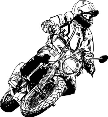 Motosikletli bir motorcu yolda hızla gidiyor. Siyah arka planda motosikletli bir motosikletlinin beyaz silüeti..