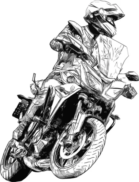 骑摩托车的人在路上骑得很快 一个骑摩托车 头戴头盔 背景为黑色的人的白色相貌 — 图库矢量图片
