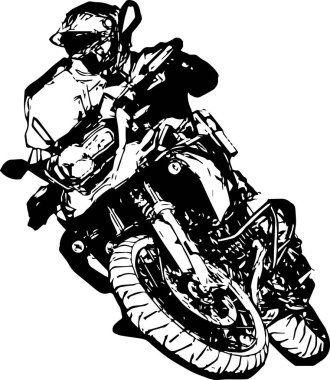 Motosikletli bir motorcu yolda hızla gidiyor. Siyah arka planda motosikletli bir motosikletlinin beyaz silüeti..