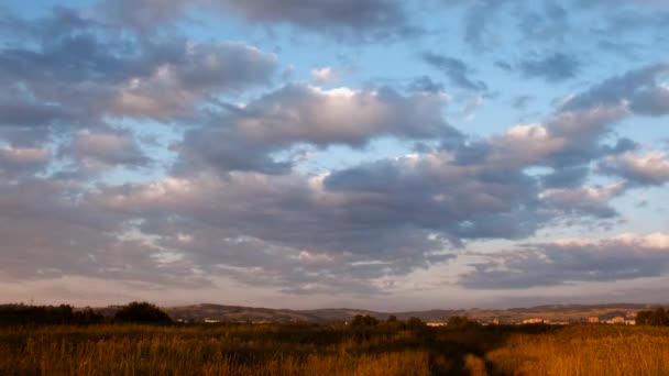 Moving clouds over field an sunset, timelapse. — Stock Video