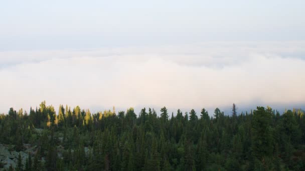 Mouvement de brouillard dans les montagnes un lever de soleil . — Video