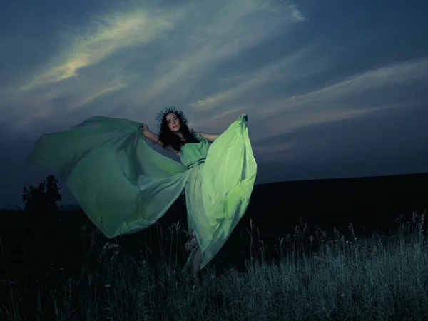 Retrato de una hermosa joven sobre el fondo de la puesta del sol — Foto de Stock