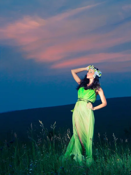 Portrait of a beautiful young woman on background of sunset — Stock Photo, Image