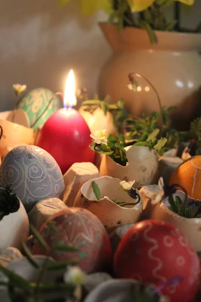Easter Eggs Flowers Candle — Stock Photo, Image