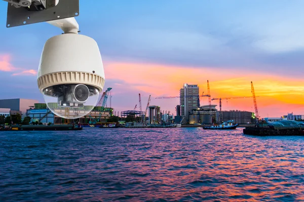 CCTV or surveillance operating with construction site and river — Stock Photo, Image