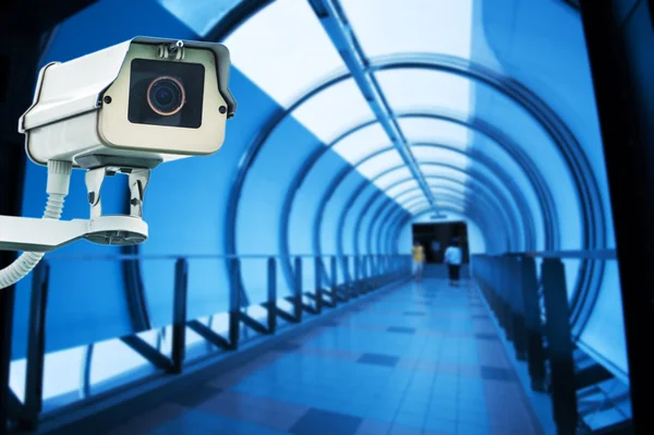 CCTV Camera or surveillance operating in blue walk way — Stock Photo, Image