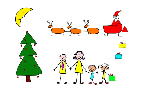 Christmas Concept Drawn Child Santa Claus Arrived His Reindeer Sleigh — Stock Photo, Image